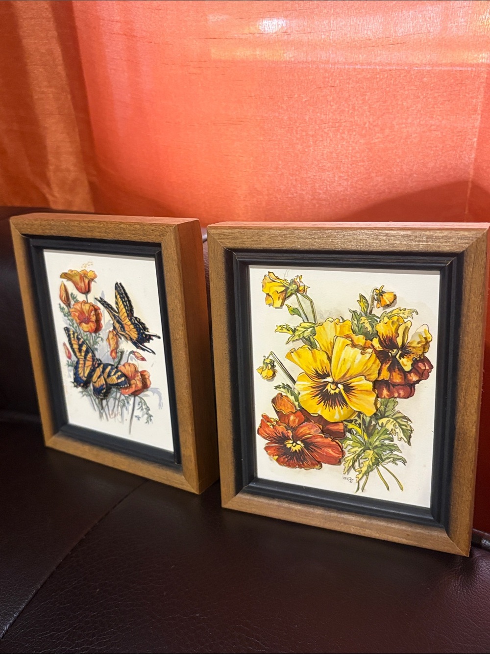 Framed Floral & Butterfly Art Pair - Yellow Orange Prints